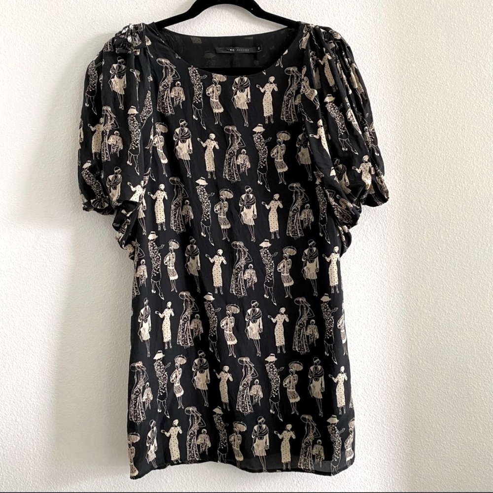 Marc Jacob Black Vintage Lady Print Puff Sleeve Dress